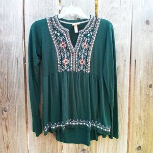 Knox Rose Top Womens Size S Green Floral Embroidered Shirt Long Sleeve Boho